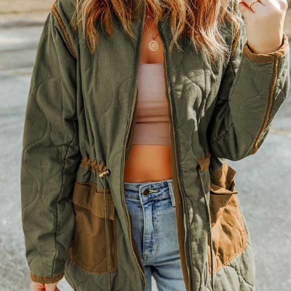 B081 Green Stitching Quilted Drawstring Jacket - Picture 2 of 5